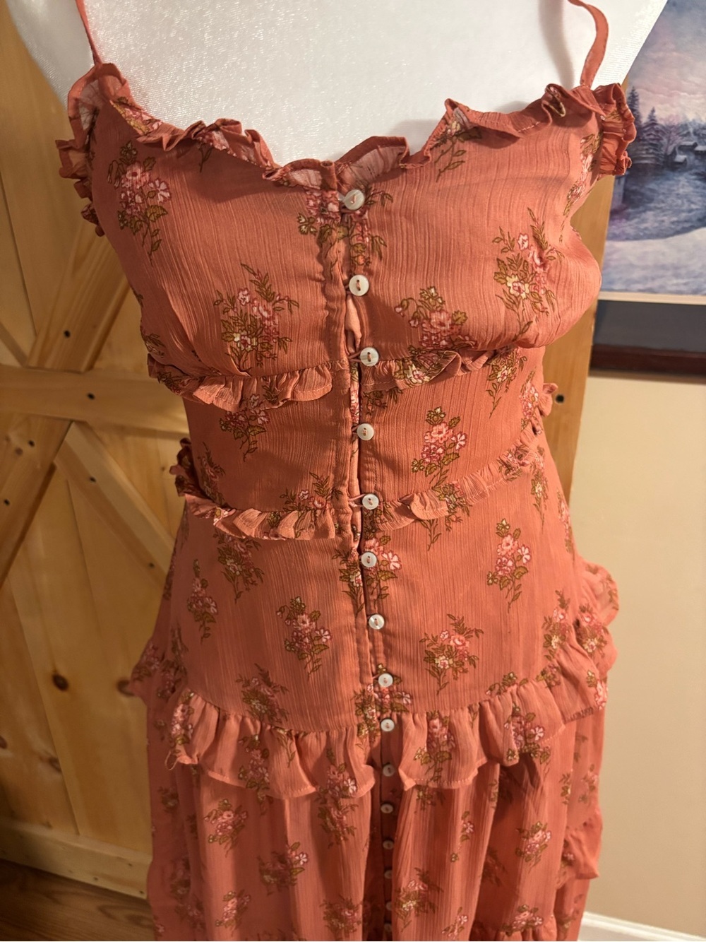 American Eagle Outfitters Rust Floral Ruffle Maxi Dress button up spaghetti - Picture 2 of 6